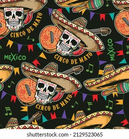 Cinco de Mayo holiday seamless pattern with painted skeleton skull in sombrero against guitar, musical symbols and multi-colored flag garlands, vector illustration