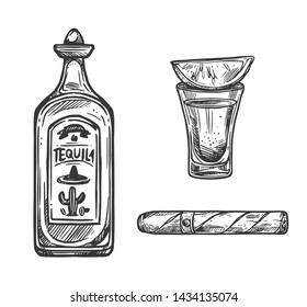 Cinco de Mayo holiday sketches of Mexican fiesta party tequila, lime and cigar. Vector bottle and shot glass of agave cactus alcohol drink and rolled tobacco leaves. Puebla Battle anniversary design