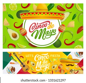 Cinco de Mayo holiday sombreros, guitar, maracas and moustaches vector design of Mexican fiesta party. Chilli, tequila margarita and tacos, nachos, avocado and lime, flag of Mexico and fireworks