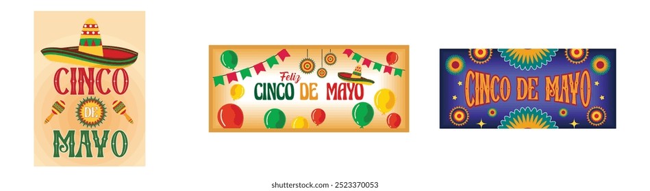 Cinco de Mayo com letras de símbolos de férias, sombrero e maracas. Banner com sombrero, balões, beliches e texto. Cinco de maio 5. Definir ilustração moderna de vetor plano 