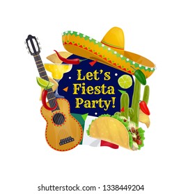 Cinco de Mayo holiday vector greeting card with Mexican sombrero and guitar. Fiesta party tequila margarita, cactus and flag of Mexico, chilli tacos, nachos and lime, jalapeno pepper and mariachi hat