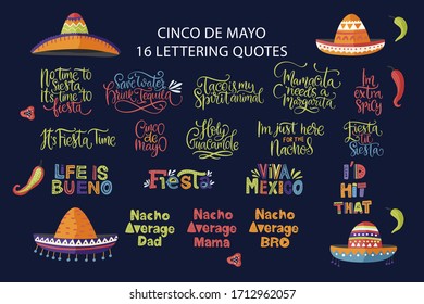 Cinco de Mayo holiday vector lettering set. Calligraphy Mexican fiesta party hand drawn collection. Typography greeting festival quotes. Viva Mexico.