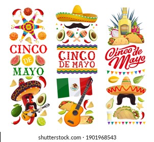 Cinco de Mayo holiday vector banners with Mexican fiesta party food and red chili pepper character. Sombrero hats, maracas and guitars, Mexican flag, tacos and burritos, tequila, pinata and avocado