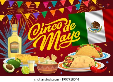 Cinco de Mayo holiday, vector Mexican fiesta food, drink and flag of Mexico. Taco, burrito and nachos with chilli pepper, tequila and avocado guacamole, fireworks and festive bunting garland