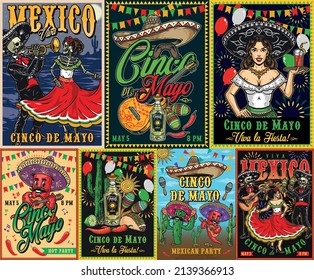 Cinco de Mayo holidya colorful vintage posters set with skeleton woman in dress dancing to music of trumpeter, classical sombrero, mustache, painted guitar, tequila, maracas, waitress carrying tray