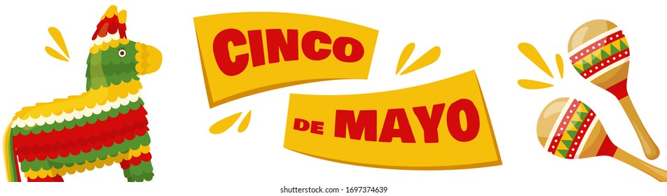 Cinco de mayo horizontal banner, mexican traditional fiesta. Pair of maracas and donkey pinata. Vector