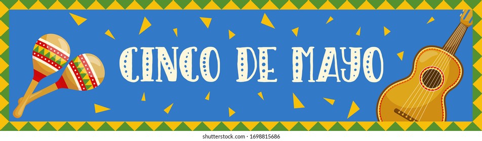 Cinco de mayo horizontal banner, mexican traditional fiesta. Guitar and maracas. Vector