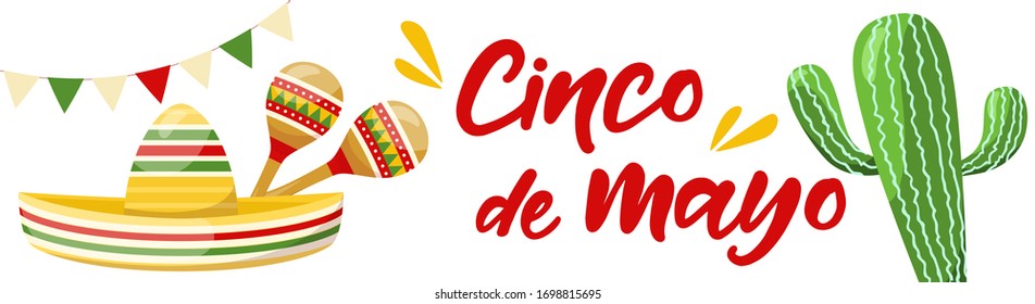 Cinco de mayo horizontal banner, mexican traditional fiesta. Cactus with sombrero and maracas. Vector