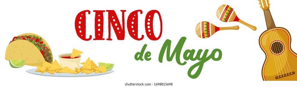 Cinco de mayo horizontal banner, mexican traditional fiesta. Guitar and maracas, tacos and nachos chips. Vector