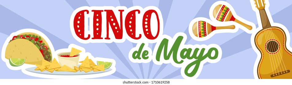 Cinco de mayo horizontal banner, mexican traditional fiesta. Guitar and maracas, tacos and nachos chips. Vector