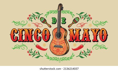 Cinco de Mayo horizontal banner with maracas and chili peppers around painted guitar, vector illustration