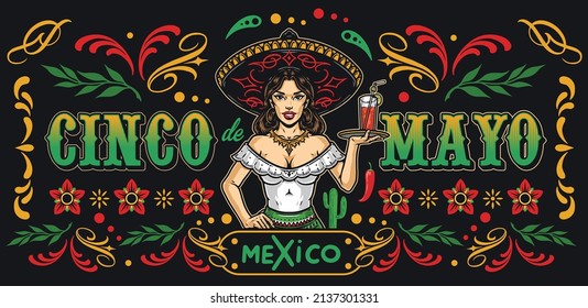 Cinco de Mayo horizontal banner with inscription, Mexican waitress in sombrero carrying cocktail on black background with multicolored twigs and flowers, vector illustration