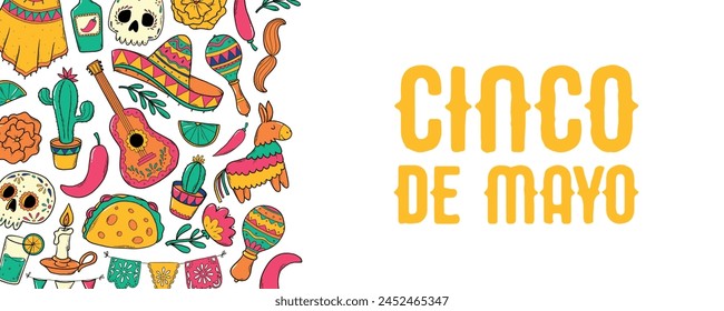 Cinco de Mayo horizontal banner with border of doodles and lettering quote on white background. Social media covers, sale leafles, prints, invitations, templates, etc. EPS 10