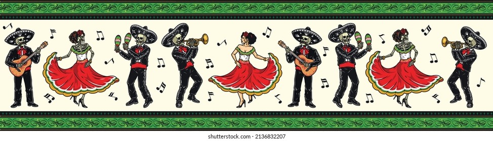 Cinco de Mayo horizontal colorful template with woman dancing to music of mariachi skeleton musicians and green line frames, vector illustration