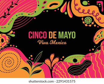 Cinco de Mayo Horizontal Colorful Background vector illustration. May 5 Mexico festival holiday. Floral Folk art and Memphis Neon fusion. Website header, social media post, promotion, greeting design