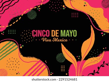 Cinco de Mayo Horizontal Colorful Background vector illustration. May 5 Mexico festival holiday. Floral Folk art and Memphis Neon fusion. Website header, social media post, promotion, greeting design