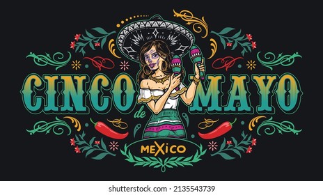 Cinco de mayo horizontal vintage banner with young woman with painted face wearing sombrero shaking maracas on black background with twigs and curl elements, vector illustration