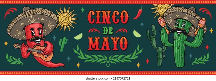 Cinco de Mayo horizontal vintage banner with cheerful mustached cactus shaking maracas, joyful chili pepper in sombrero playing guitar against dark background with borders and mexican food and plant