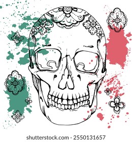 Cinco de Mayo human skull, floral stylized decoration lace. Mexican holiday Day of the Dead symbol, red white green flag. Hand drawn ink vector isolated illustration. Travel brochure, fiesta ticket