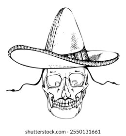 Cráneo humano Cinco de Mayo en sombrero, bigote. Símbolo del Día de Muertos en México. Vector de tinta dibujado a mano ilustración aislada. Diseño de viajes, folleto de vacaciones, tienda de regalos, boleto de fiesta