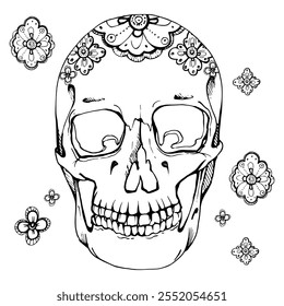 Cinco de Mayo human skull, floral stylized decoration. Mexican holiday Day of the Dead symbol. Hand drawn ink vector isolated illustration. Design travel, vacation brochure, gift shop, fiesta ticket