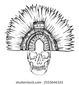 Cinco de Mayo human skull, traditional Aztec headdress. Mexican holiday Day of the Dead symbol. Hand drawn ink vector isolated illustration. Design travel, vacation brochure, gift shop, fiesta ticket