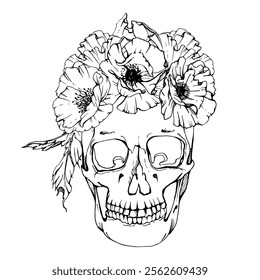 Cinco de Mayo human skull in crown of poppy peony anemone flowers. Mexican holiday Day of the Dead symbol. Hand drawn ink vector isolated illustration. Travel, vacation brochure, fiesta ticket card