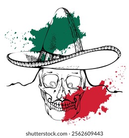 Cinco de Mayo human skull, sombrero hat, moustache. Mexican holiday Day of the Dead symbol, red white green flag. Hand drawn ink vector isolated illustration. Travel brochure, gift shop, fiesta ticket