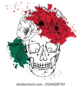 Cinco de Mayo human skull, poppy peony anemone flowers crown. Mexican holiday Day of the Dead symbol, red white green flag. Hand drawn ink vector isolated illustration. Travel brochure, fiesta ticket