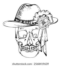 Cinco de Mayo human skull in hat, ribbon rosette, moustache. Mexican holiday Day of the Dead symbol. Hand drawn ink vector isolated illustration. Travel, vacation brochure, gift shop, fiesta ticket