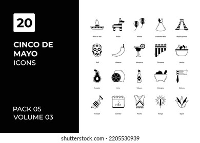 Cinco de mayo icons collection. Set vector line with elements for mobile concepts and web apps. Collection modern icons.