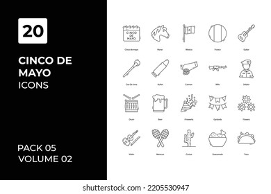 Cinco de mayo icons collection. Set vector line with elements for mobile concepts and web apps. Collection modern icons.