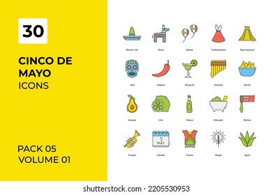 Cinco de mayo icons collection. Set vector line with elements for mobile concepts and web apps. Collection modern icons.