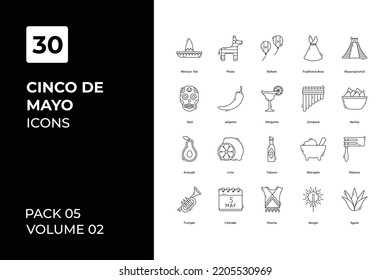 Cinco de mayo icons collection. Set vector line with elements for mobile concepts and web apps. Collection modern icons.