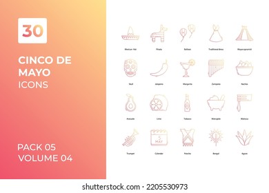 Cinco de mayo icons collection. Set vector line with elements for mobile concepts and web apps. Collection modern icons.