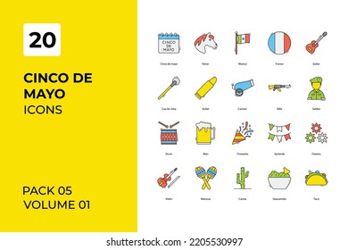 Cinco de mayo icons collection. Set vector line with elements for mobile concepts and web apps. Collection modern icons.