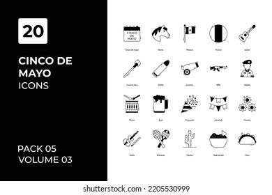 Cinco de mayo icons collection. Set vector line with elements for mobile concepts and web apps. Collection modern icons.