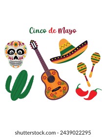 Cinco De Mayo Icons Of Sugarskull Cactus Guitar Sombrero Maracas And Pepper