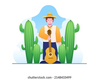 Cinco de Mayo Illustration with cheerful Mexican man with wear sombrero holding a guitar and with cactus. Mexico Cinco de Mayo Festival cartoon. Can be used for greeting card, postcard, web, etc.