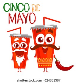 Cinco De Mayo. illustration perfect for menu design, coaster design, poster, flier, signage, party invitation. Characters cups of cola. Isolated on white background. Cartoon style. 