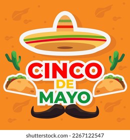 cinco de mayo. illustration of a sombrero hat, mustache, baked taco, and cactus