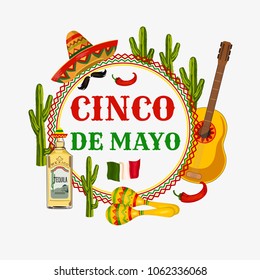 Cinco de Mayo. Illustration to the traditional Mexican holiday. Cactus, sombrero, maracas. Postcard, poster.