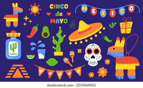 Cinco de Mayo ilustração com vários símbolos sombrero, pinata, garrafa de tequila, maracas, crânio de açúcar, cacto, decorações tradicionais. Espírito festivo e alegre do feriado mexicano