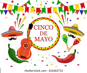 Cinco de Mayo inscription in the center. Sombrero, guitar, confetti, flags, maracas green and red peppers. Vector illustration
