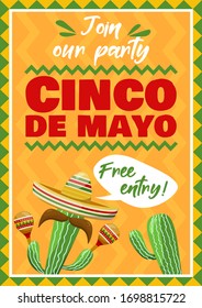 Cinco de mayo invitation banner, poster for mexican traditional fiesta. Cactus with sombrero and maracas. Vector