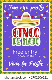 Cinco de mayo invitation banner, poster for mexican traditional fiesta with straw sombrero. Vector