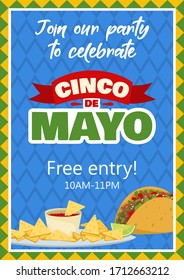 Cinco de mayo invitation banner, poster for mexican traditional fiesta. Tacos and nachos chips. Vector