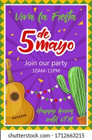 Cinco de mayo invitation banner, poster for mexican traditional fiesta. Mexican guitar and cactus. Vector