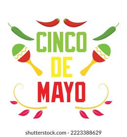 Cinco de Mayo, invitation with Curly Calligraphic , Art Design Curls and Decorative Flourishes, Swirly Brush Letters for Words Cinco de Mayo | Paper Banner Buntings Chili Sombrero Feliz Cinco de Mayo	