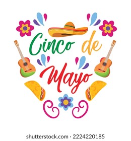 Cinco de Mayo, invitation with Curly Calligraphic , Art Design Curls and Decorative Flourishes, Swirly Brush Letters for Words Cinco de Mayo | Paper Banner Buntings Chili Sombrero Feliz Cinco de Mayo	